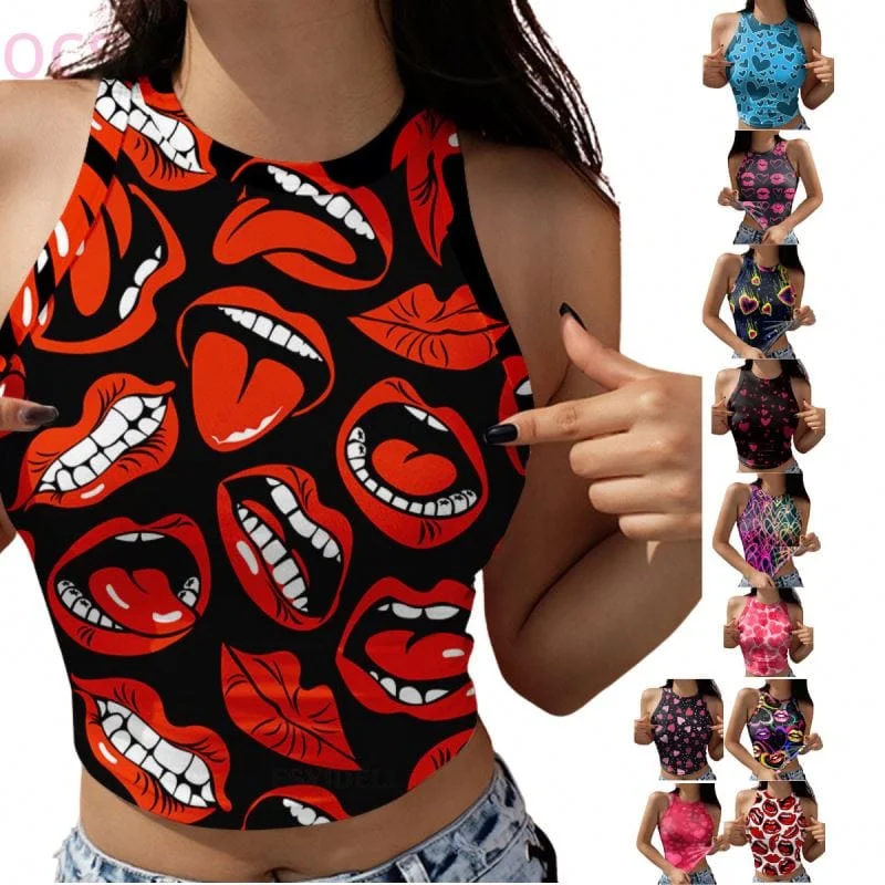 Cheap Summer Girls Y2K Cute Crew Neck Womens Workout Crop Tank Tops  Sexy Graphic Print Sleeveless Tank Top Women Vest pastel tank top