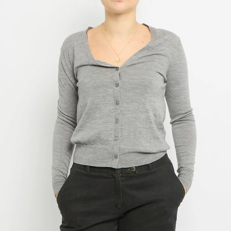 V-Neck Cardigan - UK 10 Ribbed Striped Patterned