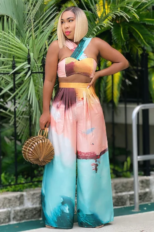 Sharon Tropical Vibes Dressy Cami Top and Palazzo Pants Set Casual Drawstring Pants