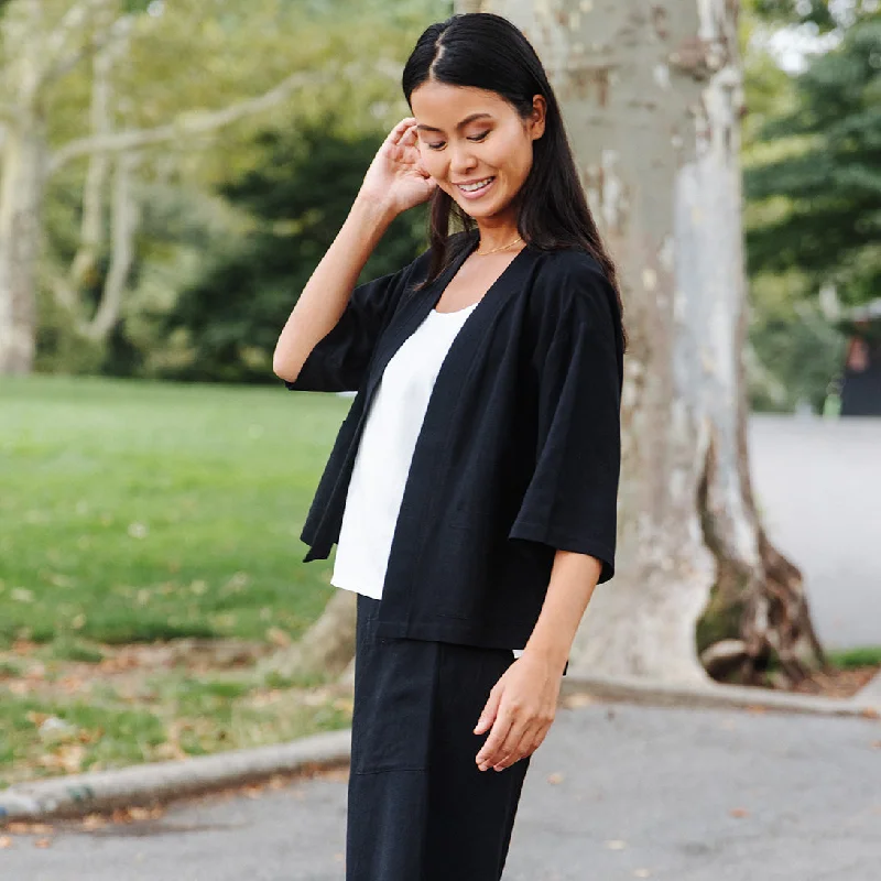 Linen Knit - Hi-Low Pocket Cardigan Jacket - Black - Final Sale! Hooded Caped Shawl Collar