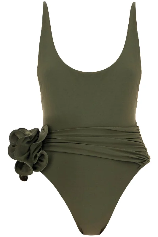 One-piece Swimsuit With Applied Flower  - Green Sexy Swimwear Set