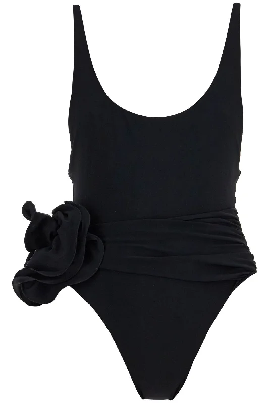 One-piece Swimsuit With Applied Flower  - Black Casual Swim Dress