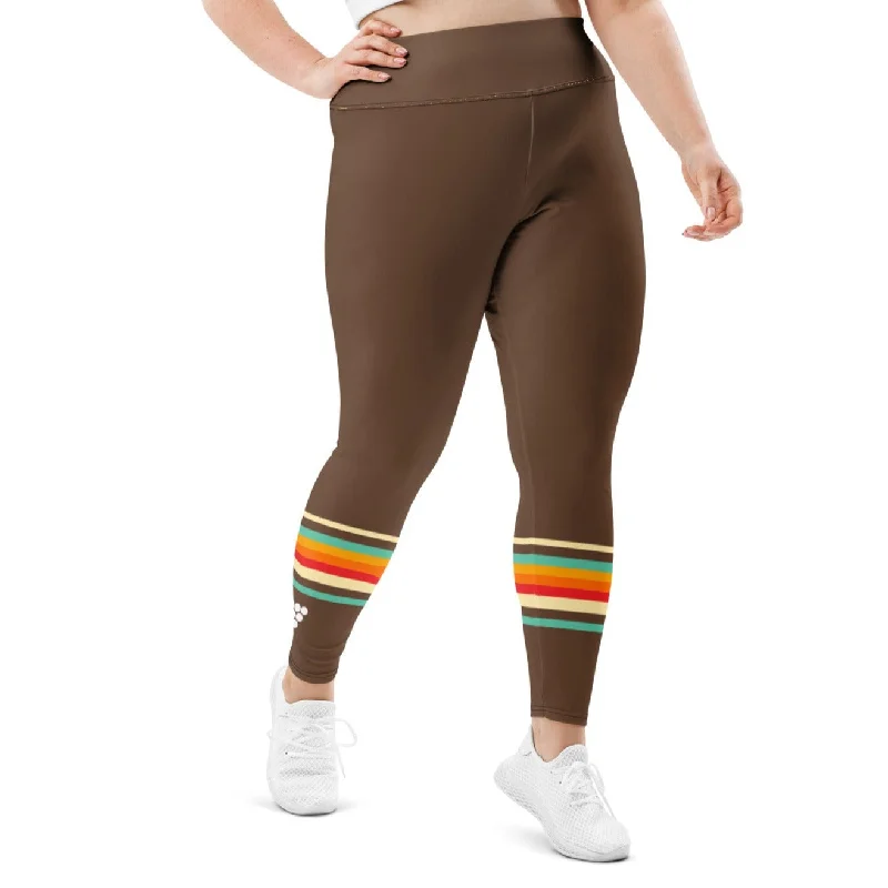 70s Vintage Stripe Plus Size Swim Leggings UPF 50+ Brown Flirty Ruffle Swimsuit