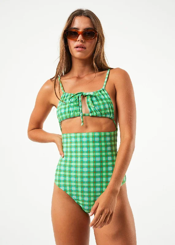 AFENDS Womens Tully - Tie One Piece Swimsuit - Forest Check Tropical Print One-Piece AFENDS Womens Tully - Tie One Piece Swimsuit - Forest Check Tropical Print One-Piece