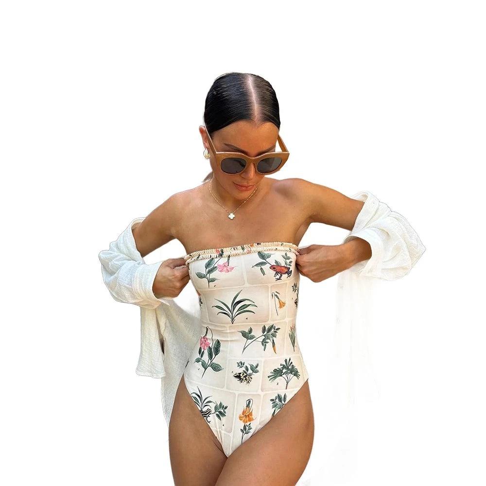 Bandeau One Piece Women Floral Swimsuit Bold Color Swimsuit