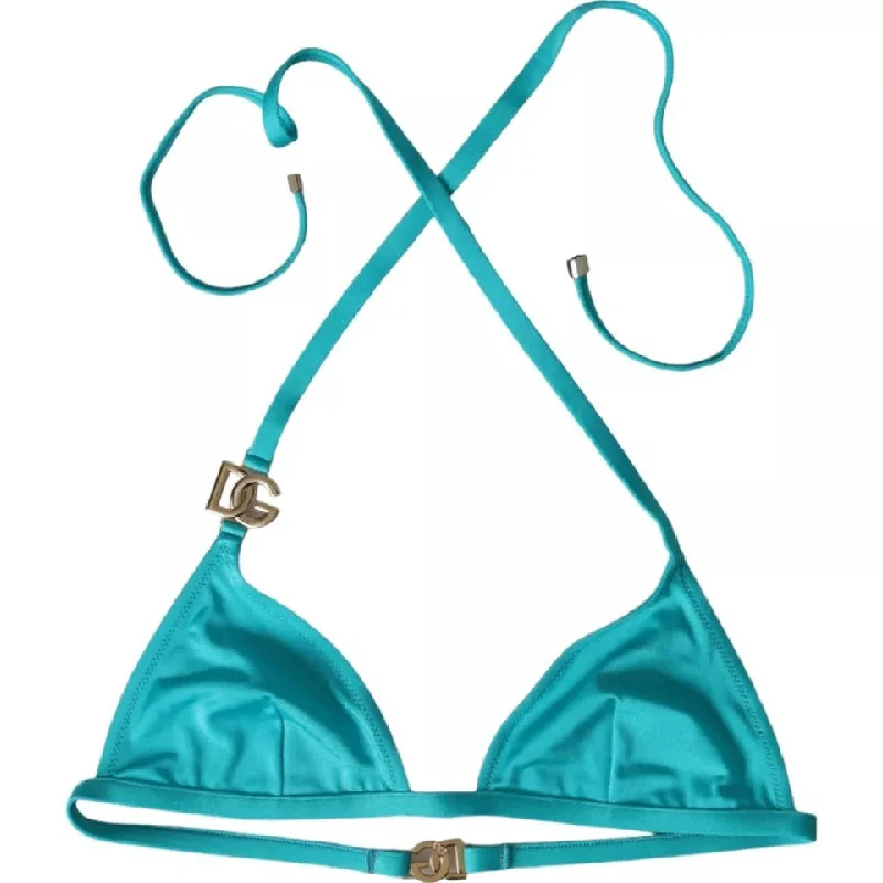 Dolce & Gabbana Blue Green Halter DG Logo Swimwear Beachwear Bikini Top Ruched Swimwear Set