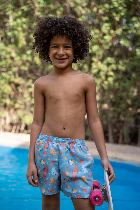 Boys Blue Swim Shorts - Cactus Fun Pattern Swimsuit