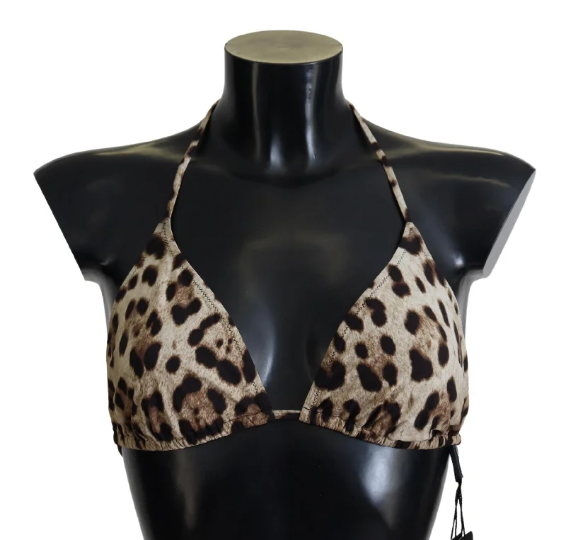 Dolce & Gabbana Brown Leopard Halter Beachwear Swimwear Bikini Top Classic Two-Piece Bikini