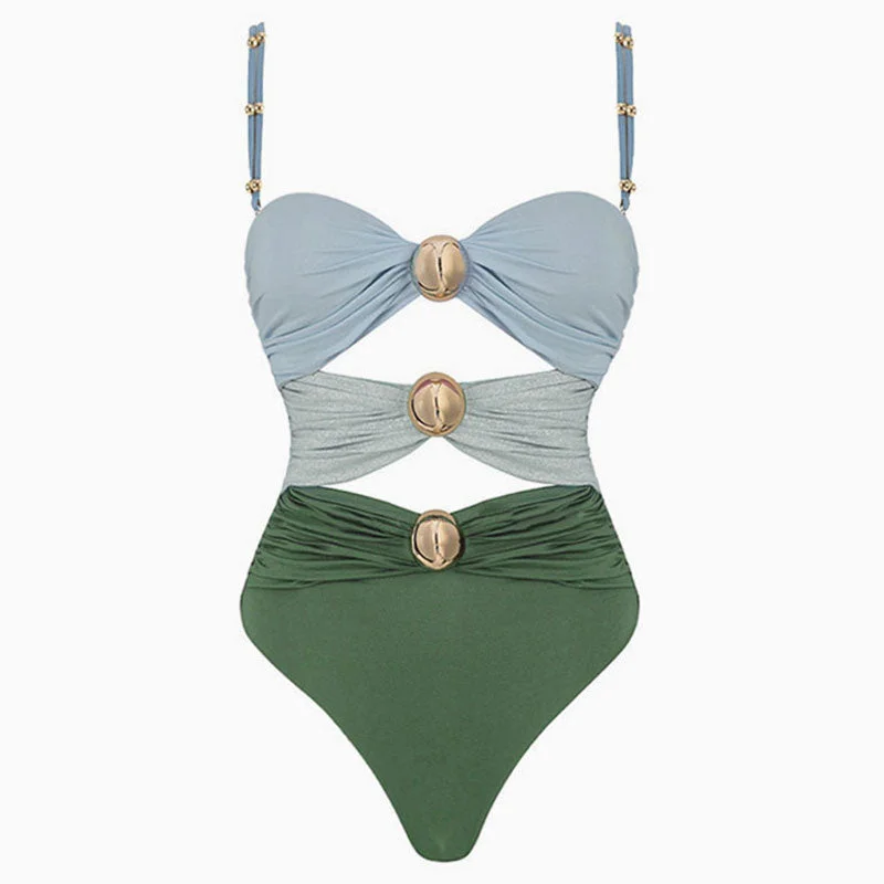 Glitter Metallic Ball Color Block Ruched Cutout Bandeau One Piece Swimsuit Adjustable Swim Top Glitter Metallic Ball Color Block Ruched Cutout Bandeau One Piece Swimsuit Adjustable Swim Top