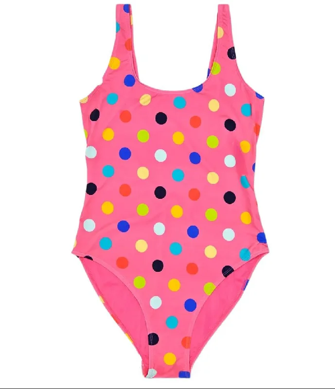 HAPPY SOCKS Women's Pink Big Dot Round Neck One-Piece Swimsuit NWT Sleek Full Coverage