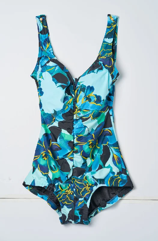 Maxine of Hollywood Swimwear Moonlit Garden Blue Floral Shirred Front Girl Leg One Piece MM4DQ20 Beach Ready Swimsuit