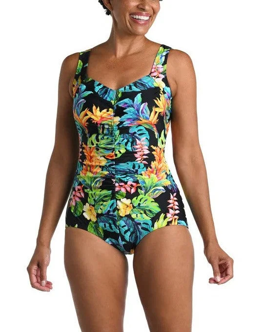 Maxine of Hollywood Swimwear Oahu Oasis Black Floral Shirred Front Girl Leg One Piece MM4DR20 Adjustable Strap Swimsuit