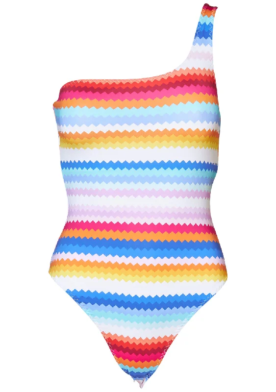 One-Shoulder Zig Zag Print Swimsuit Swimsuit with Skirt