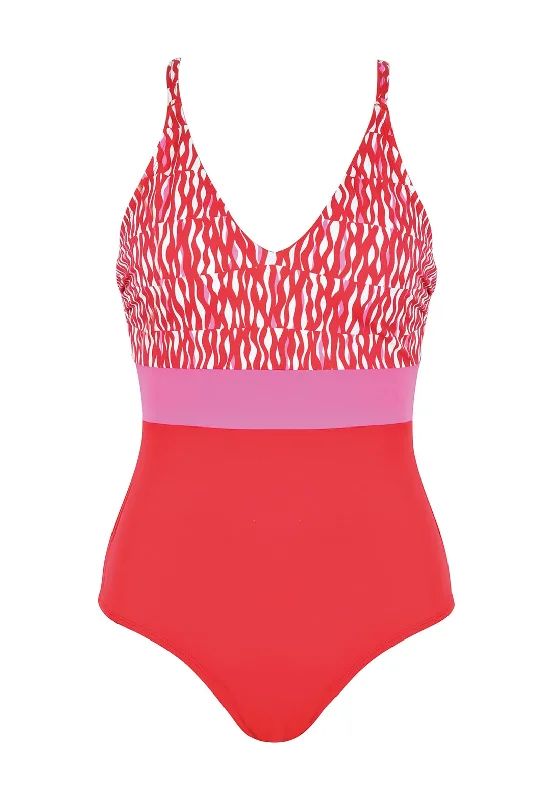 Naturana Printed Colour Block V Neck Swimsuit, Red Push-Up Bikini Bottoms