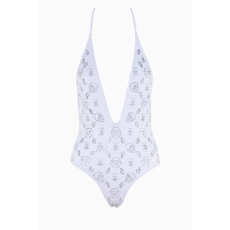 Philipp Plein White Rhinestone Embellished Swimsuit Sleek Mesh Bikini