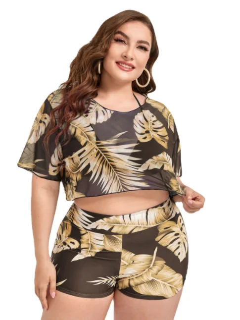 Plus 3pack Brown Tropical Print Halter Triangle Bikini Swimsuit Vintage Swimwear Look