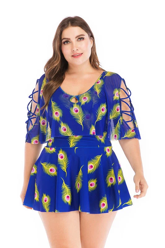 Plus Size Crisscross Flutter Sleeves Feather Print Swimdress Sporty Racerback Swimsuit