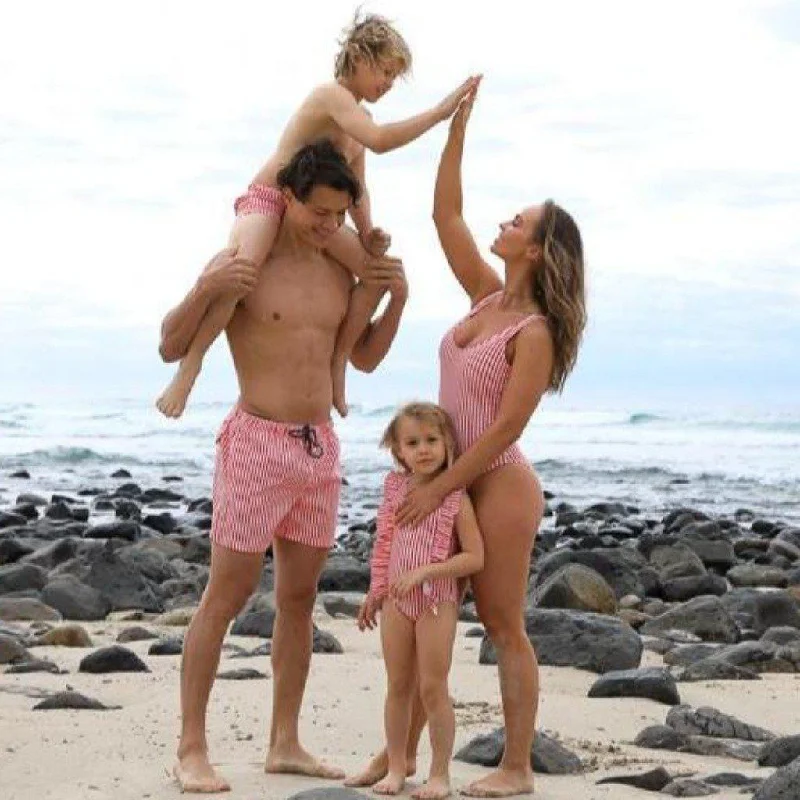Matching Swimwear, Boys' Board Shorts, Red and White Classic Stripe Comfortable Swim Dress