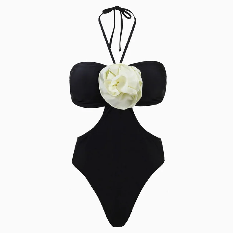 Sexy Contrast Rosette Bandeau Halter Cutout Monokini One Piece Swimsuit High-Cut One-Piece