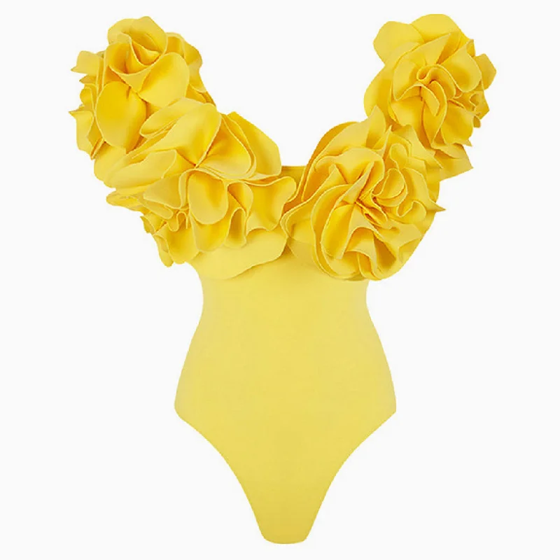 Sexy Rosette Cluster Applique Plunge Neck Off Shoulder One Piece Swimsuit Chic Bikini Set
