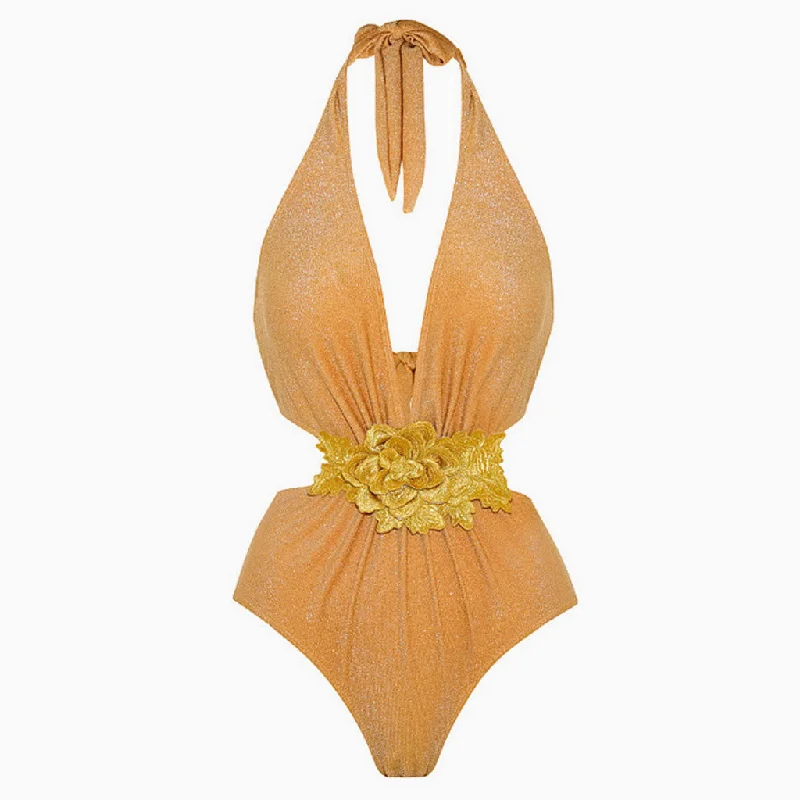 Shimmer Lurex Rosette Cutout Ruched Plunge Halter Low Back One Piece Swimsuit Mesh Detail Bikini