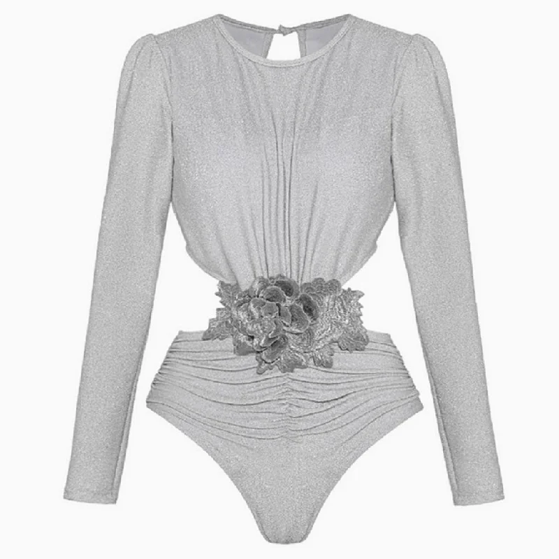 Shimmer Lurex Rosette Trim Cutout Ruched High Neck One Piece Swimsuit Sporty Swim Shorts