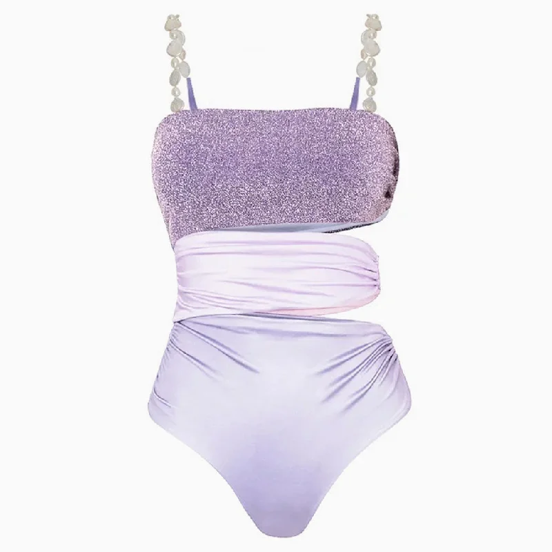 Silky Color Block Lurex Ring Cutout Faux Pearl Bandeau One Piece Swimsuit Chic Beach Cover-Up