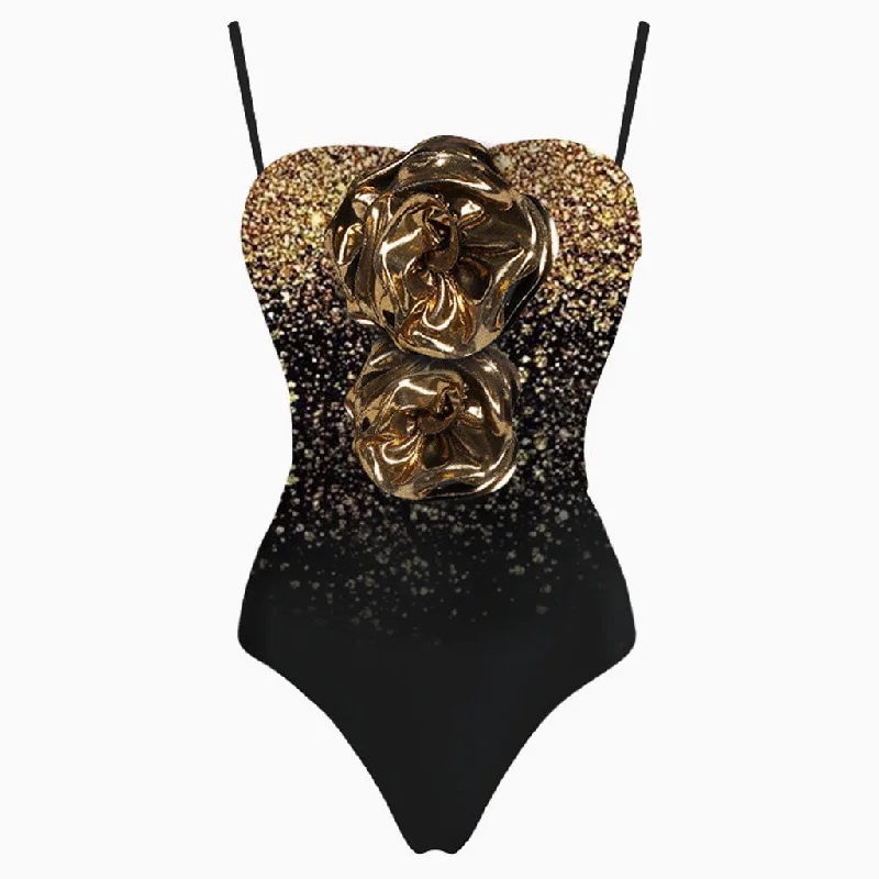 Sparkly Metallic Duo Rosette Gradient Sequin Bandeau One Piece Swimsuit Tropical Print Bikini