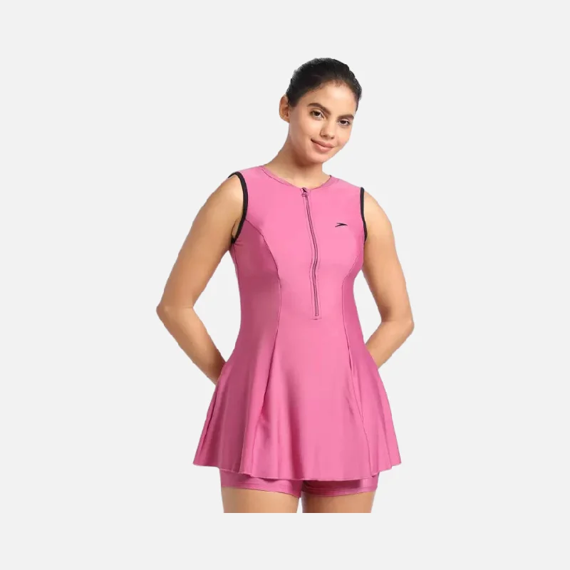 Speedo Closedback With Boyleg Women's Swimdress -Hotmauve/Black V-Neck Swim Dress