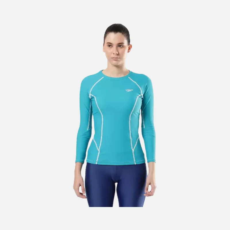 Speedo Solid Long Sleeve RashTop Women Swim-dress -Aquarium/White Strapless Swimsuit Top