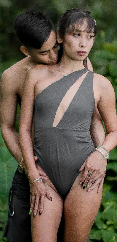 "Stephen" One Piece Swimsuit - Titanium Grey Plunge Neckline Swimsuit