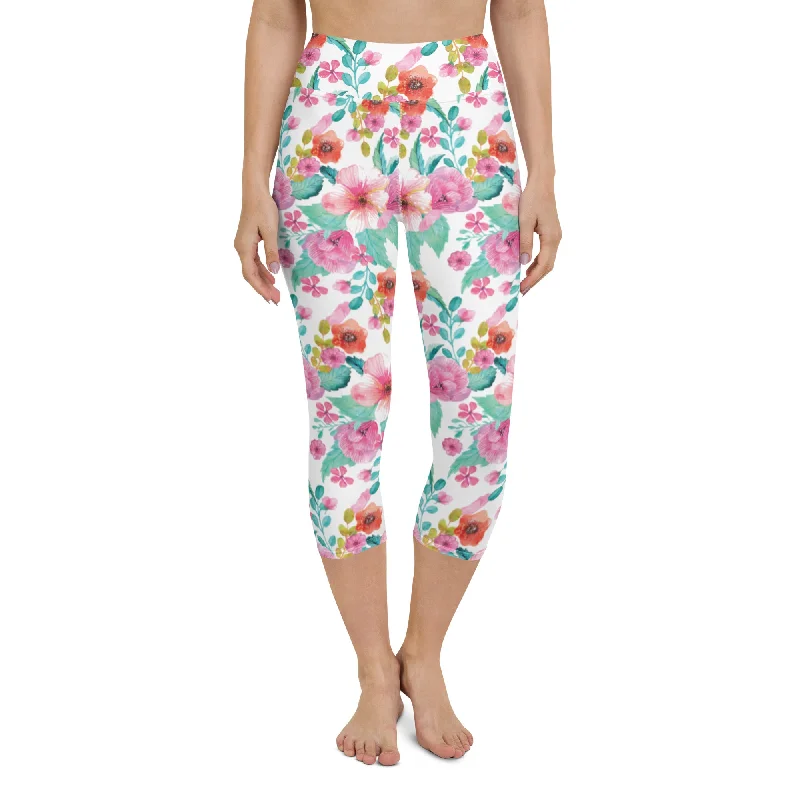 UPF 50 Surf Swim Paddleboard Leggings - Cropped Capri Length - Maui Floral Mesh Panel Swimwear