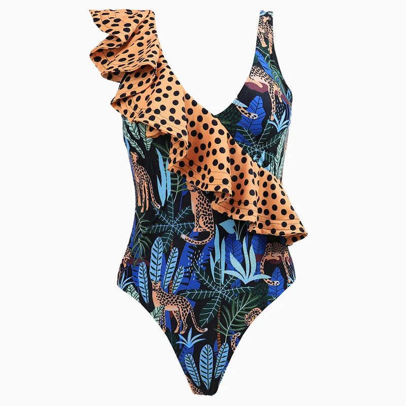 Tropical Leaf Moderate Polka Dot Print Ruffle V Neck One Piece Swimsuit Sleek Full Coverage