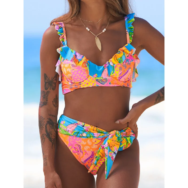 Tube Top High Waist Printed Bikini Split Swimsuit Women Ruffled Elegant Ruffle Swimsuit