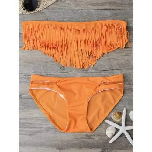 Fringed Bandeau Bikini Swimwear - Orange M Playful Pattern Swimsuit