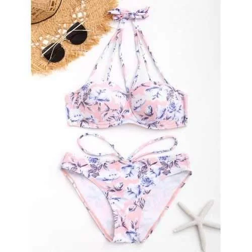 Floral Halter Push Up Bikini Swimwear - S Sporty Swim Shorts