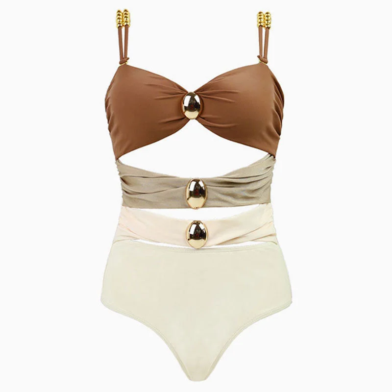 Vintage Metallic Ball Color Block Ruched Cutout Bandeau One Piece Swimsuit Sexy Cutout Swimsuit