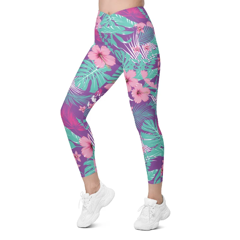 Women's Crossover Waist UPF 50 Swim Leggings with Pockets, Hawaiian Floral Sexy Two-Piece Set