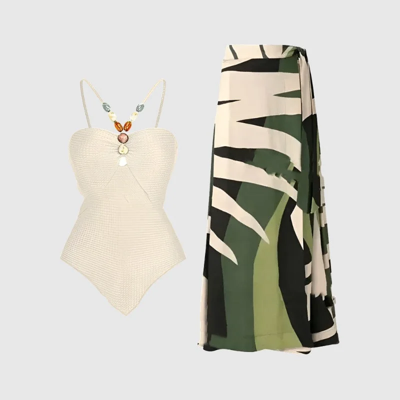Women's Elegant One-piece Swimsuit and Cover Scarf Adjustable Bikini Bottoms