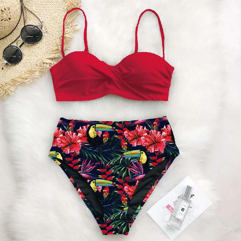 Women's High Waist Printed Bikini Swimsuit Strappy Back Bikini