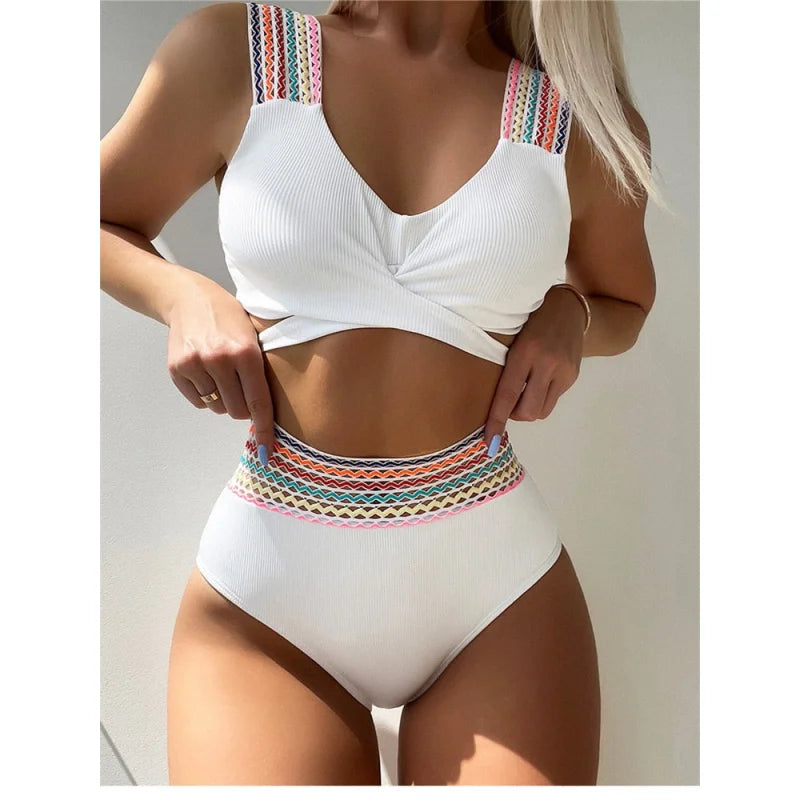 Women's High Waist Solid White Rainbow Strap Beachwear Swimsuit Sleek Full Coverage
