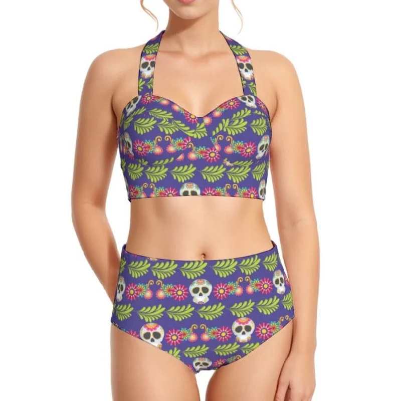 Women's Meican Skull Print Swimsuit Set With Halter Plunge Back Swimsuit