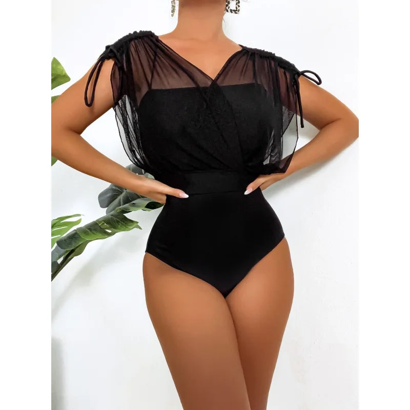 Women's Sexy Mesh See-Through Push-Up High Waist One Piece Swimsuit Comfortable Swim Dress