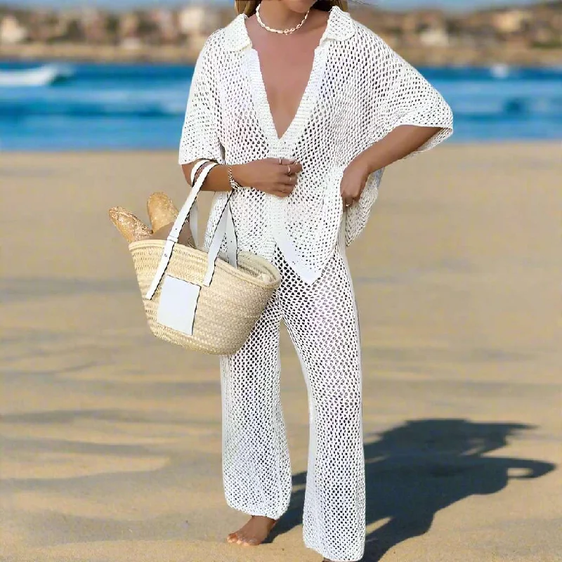 Women's Solid Color Hollow Knitted Beach Swimwear Cover-up Outfit Set Sexy Two-Piece Set