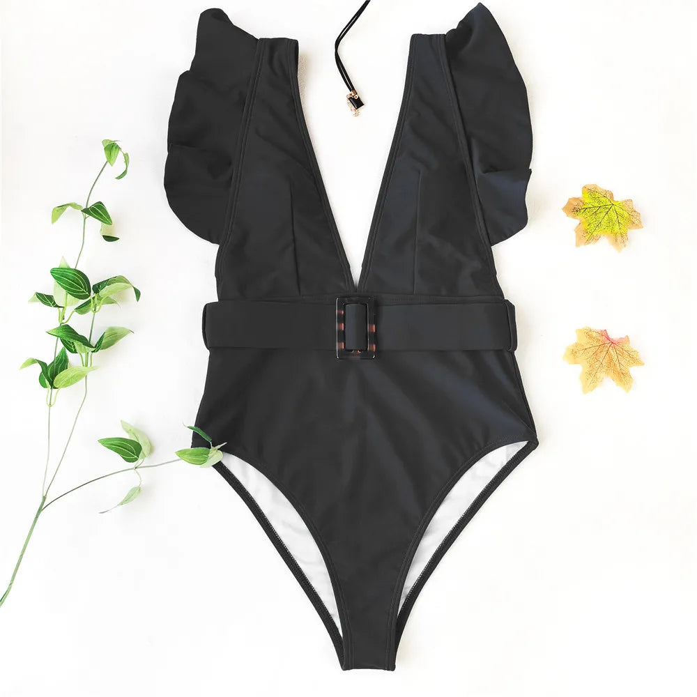 Women's Swimsuit Deep V Neck Swimwear Belt Luxury Swimsuit Style