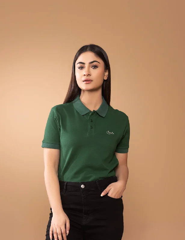 Bottle Green Women Polo Shirt-- Faux Fur Fabric Real Fur Fabric Shearling Fabric