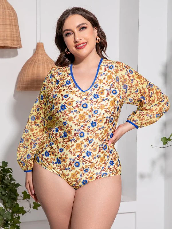 Plus Size Floral Open Back Long Sleeve One-Piece Swimsuit Swim Dress with Belt