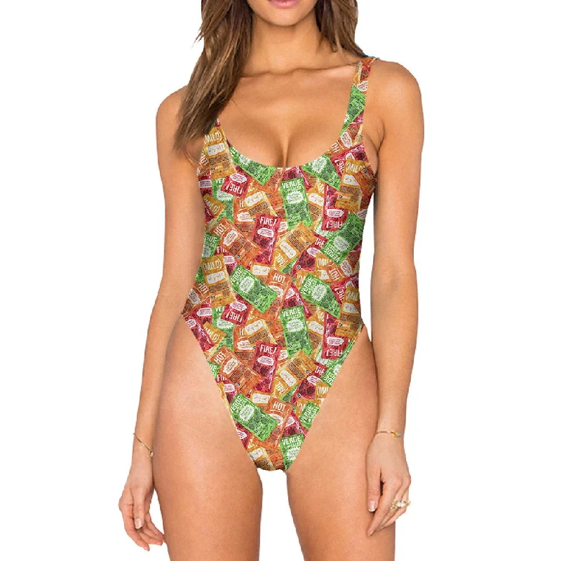 Hot Sauce Packets Swimsuit - High Legged Beachy Ruffle Bikini