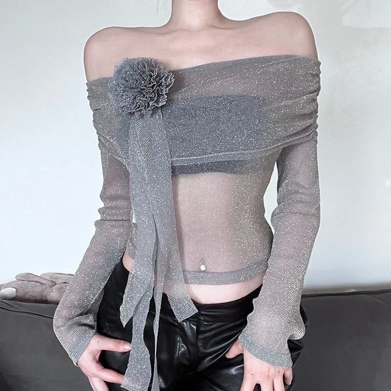 Flower Splice Mesh Shirts For Women Sexy See Through Slim Long Sleeve Crop Top Femme Club Party Fashion Shiny Shirt Lady-- Front Pockets Side Pockets Patch Pockets Flower Splice Mesh Shirts For Women Sexy See Through Slim Long Sleeve Crop Top Femme Club Party Fashion Shiny Shirt Lady-- Front Pockets Side Pockets Patch Pockets