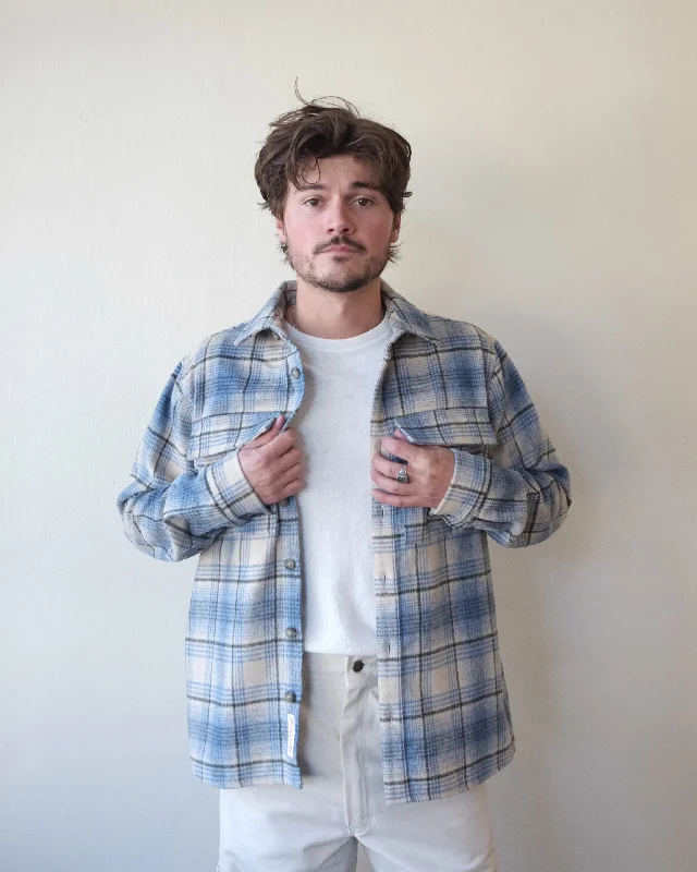 Light Blue Plaid Overshirt-- Zippered Buttoned Snapped